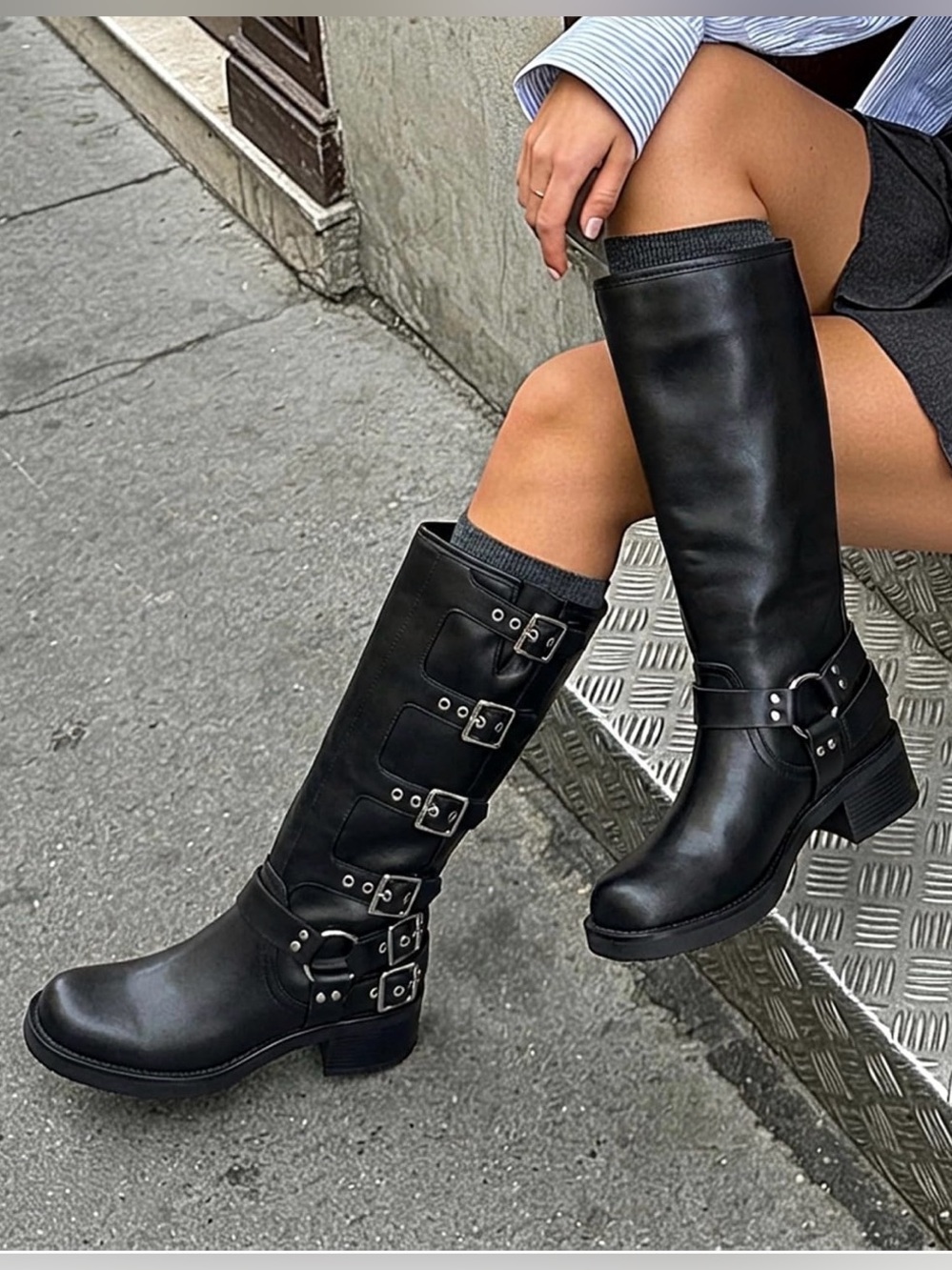 Knee High Motorcycle Biker Black Faux Leather Mid-Calf Boots with Buckles